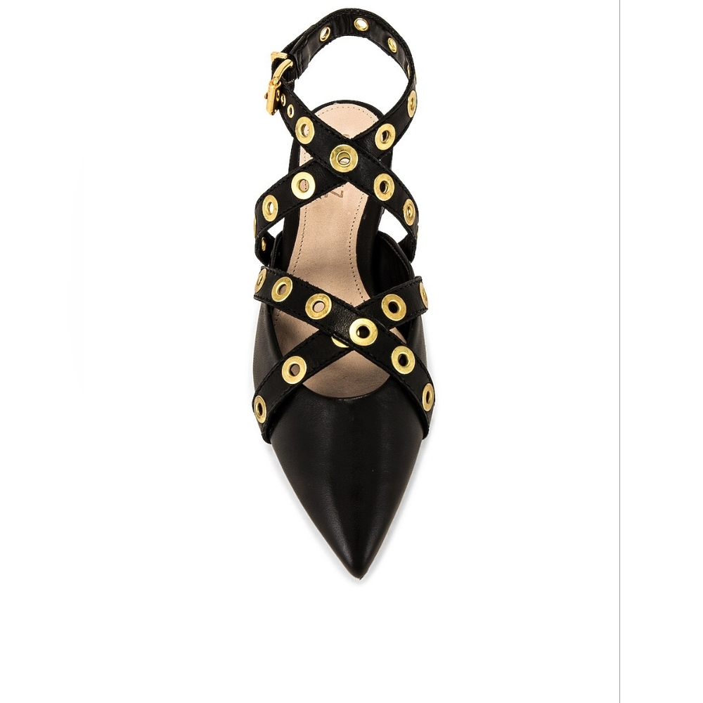 Schutz Emmie Ankle-Wrap Studded Leather Cutout Flats Buckle Black/Gold Size 6.5B - Picture 2 of 7